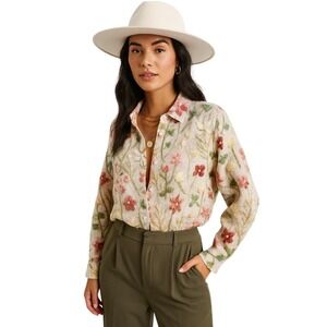 Floral‎ Embroidered Print Button Down Silkish Shirt Womens Size 2XL Long Sleeve